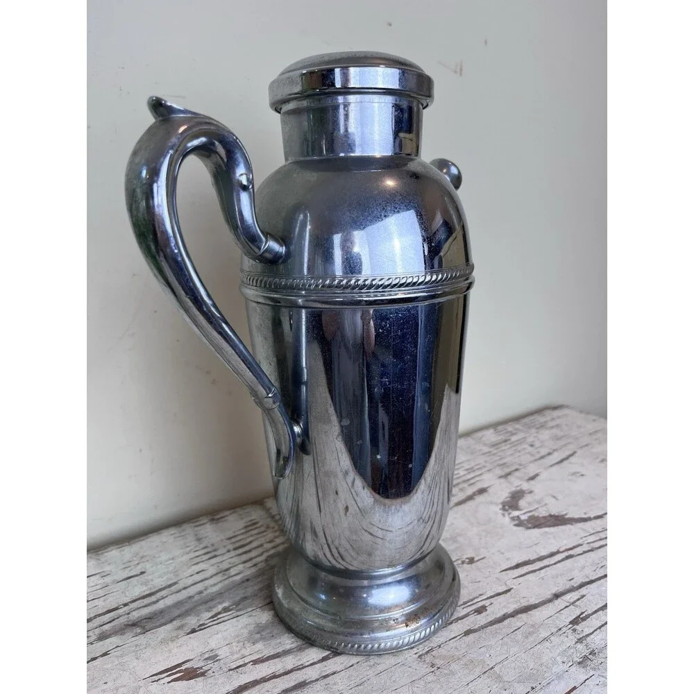 Vintage MCM Chrome Cocktail Pitcher Shaker Chrome Plated Martini Barware Deco